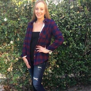 Burgundy and Navy Plaid Faux Shearling Lined Shacket